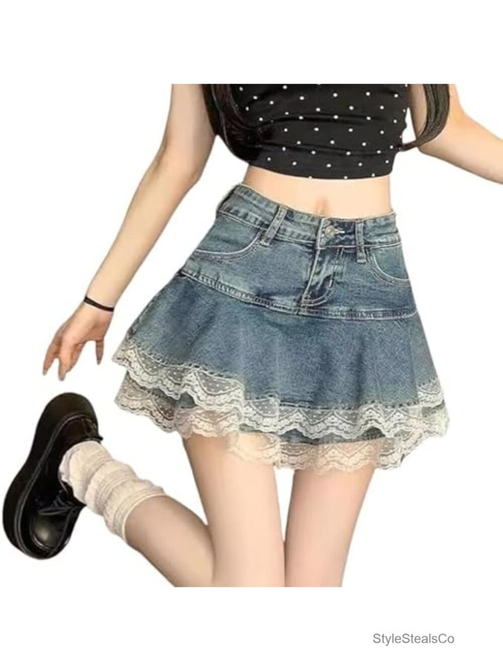 Lace-Trim Denim Mini Skirt with Built-in Shorts A-Line Ruffled